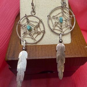 Silver Dreamcatcher Earrings with Turquoise Accents